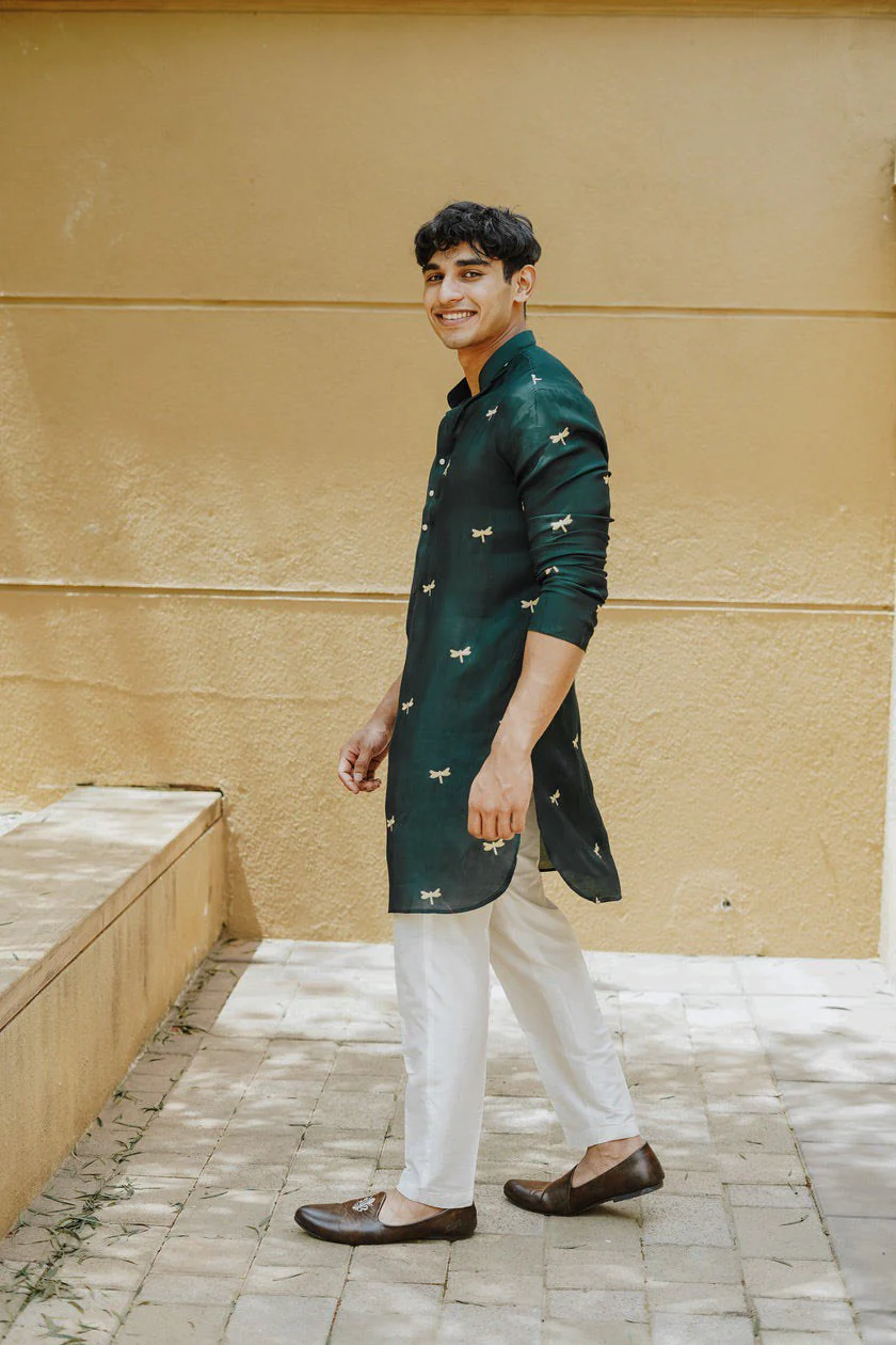 Green Dragon Fly Embroidered Work Men's Kurta with Pajama - Image 3