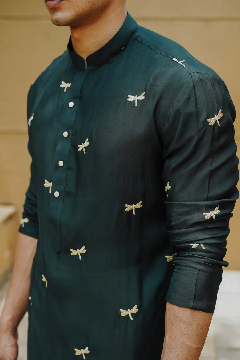Green Dragon Fly Embroidered Work Men's Kurta with Pajama - Image 4
