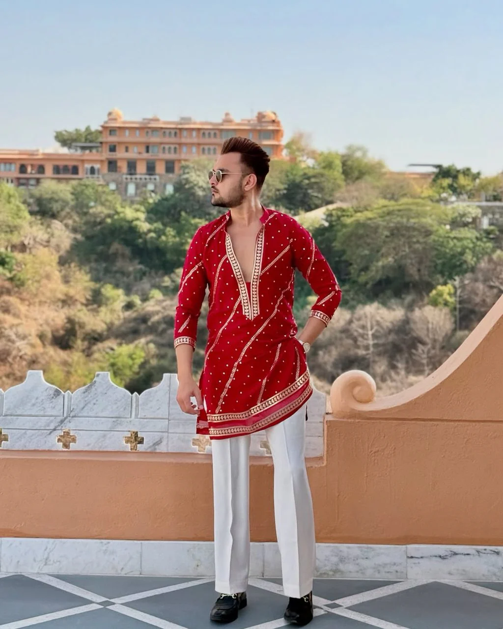 HOT RED OPEN V NECK EMBROIDERED WORK KURTA PAJAMA SET FOR MEN'S - Image 2