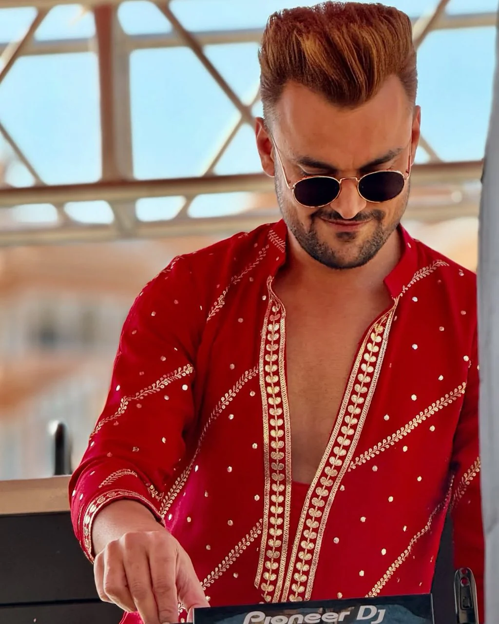HOT RED OPEN V NECK EMBROIDERED WORK KURTA PAJAMA SET FOR MEN'S - Image 5