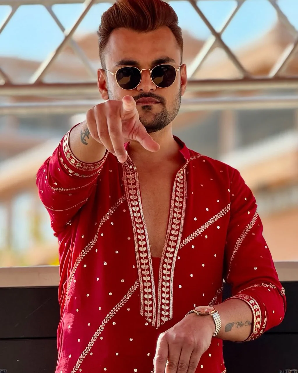 HOT RED OPEN V NECK EMBROIDERED WORK KURTA PAJAMA SET FOR MEN'S - Image 6