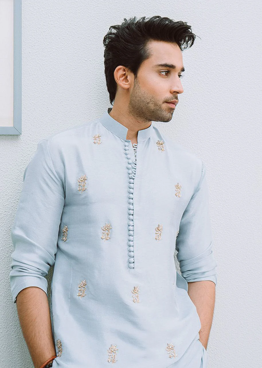 ICE Blue Buti Hand Embroidered Work Men's Kurta with Pajama - Image 2