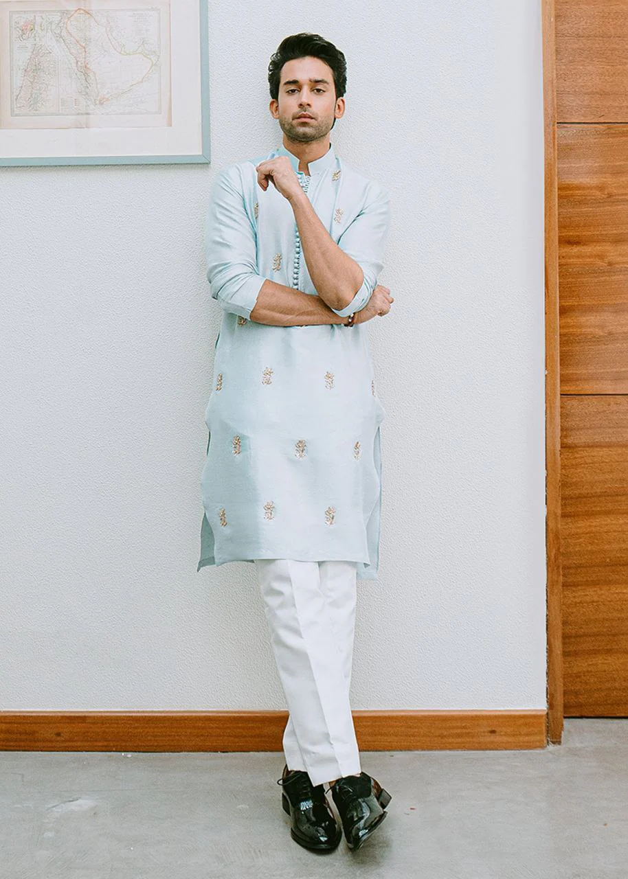 ICE Blue Buti Hand Embroidered Work Men's Kurta with Pajama - Image 3