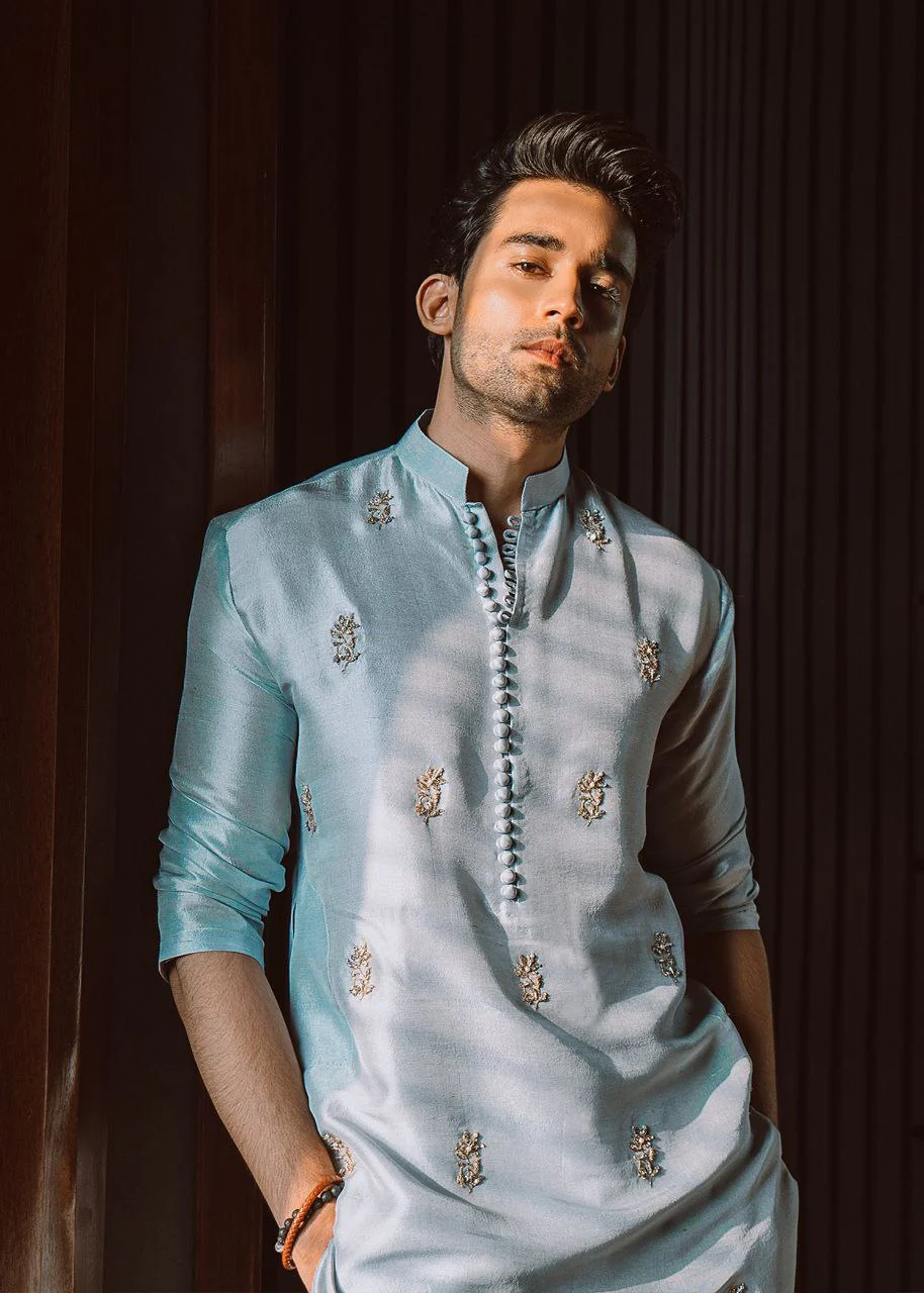 ICE Blue Buti Hand Embroidered Work Men's Kurta with Pajama - Image 4