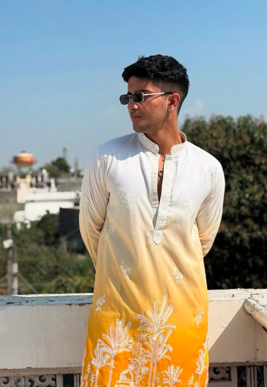 YELLOW & WHITE OMBRE EMBROIDERED WORK KURTA PAJAMA SET FOR MEN'S - Image 2