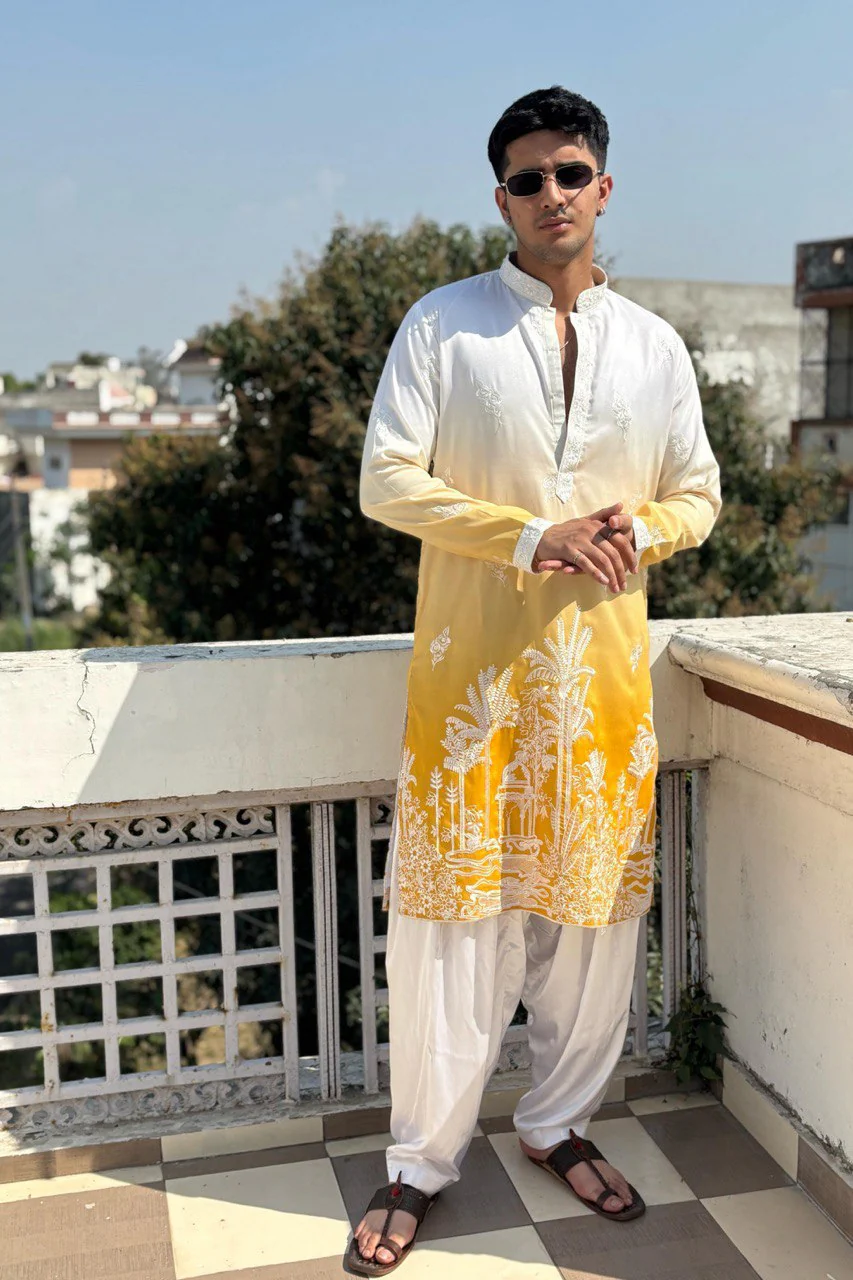 YELLOW & WHITE OMBRE EMBROIDERED WORK KURTA PAJAMA SET FOR MEN'S - Image 3