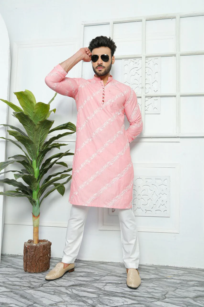 Light Pink Embroidered Work Men's Kurta with Pajama - Image 3