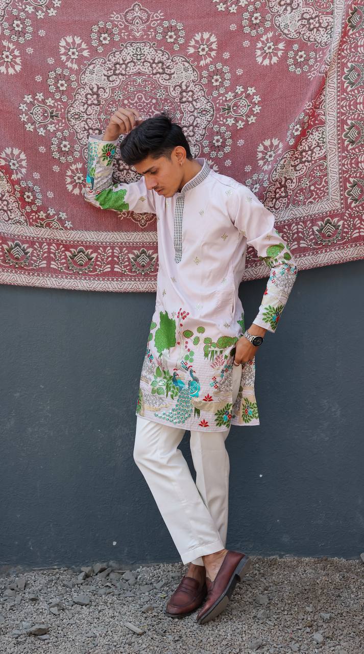 LIGHT PURPLE HEAVY PEACOCK EMBROIDERED KURTA WITH PAJAMA - Image 3