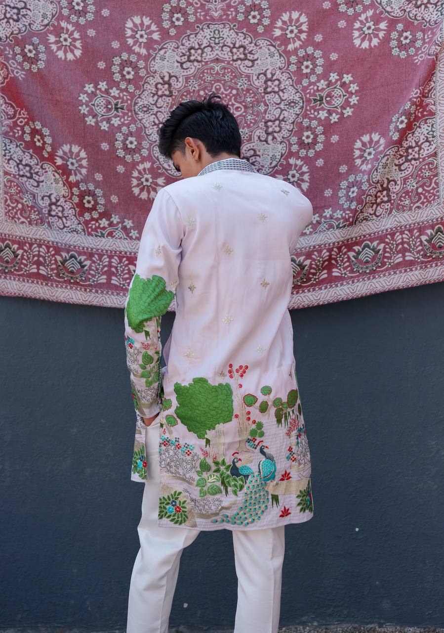 LIGHT PURPLE HEAVY PEACOCK EMBROIDERED KURTA WITH PAJAMA - Image 5