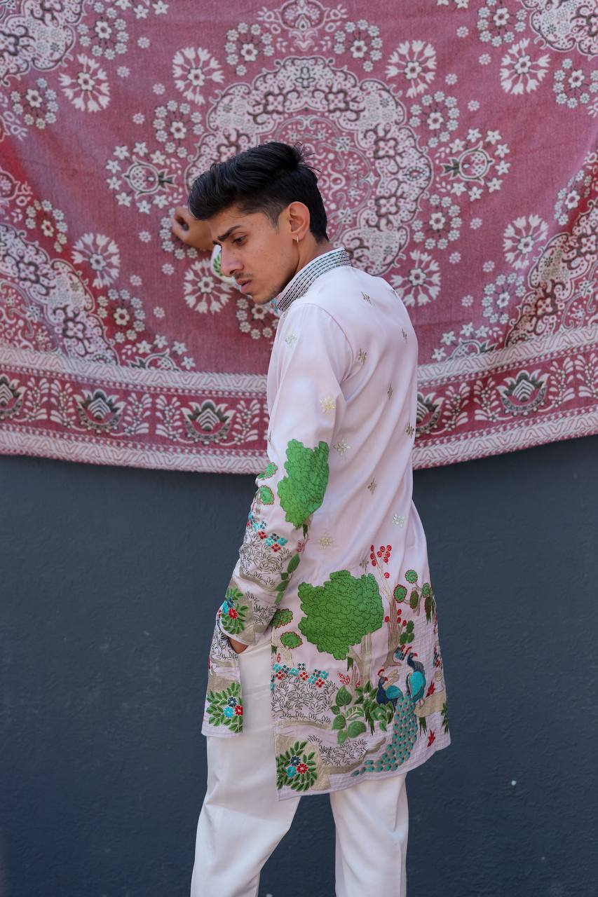 LIGHT PURPLE HEAVY PEACOCK EMBROIDERED KURTA WITH PAJAMA - Image 6