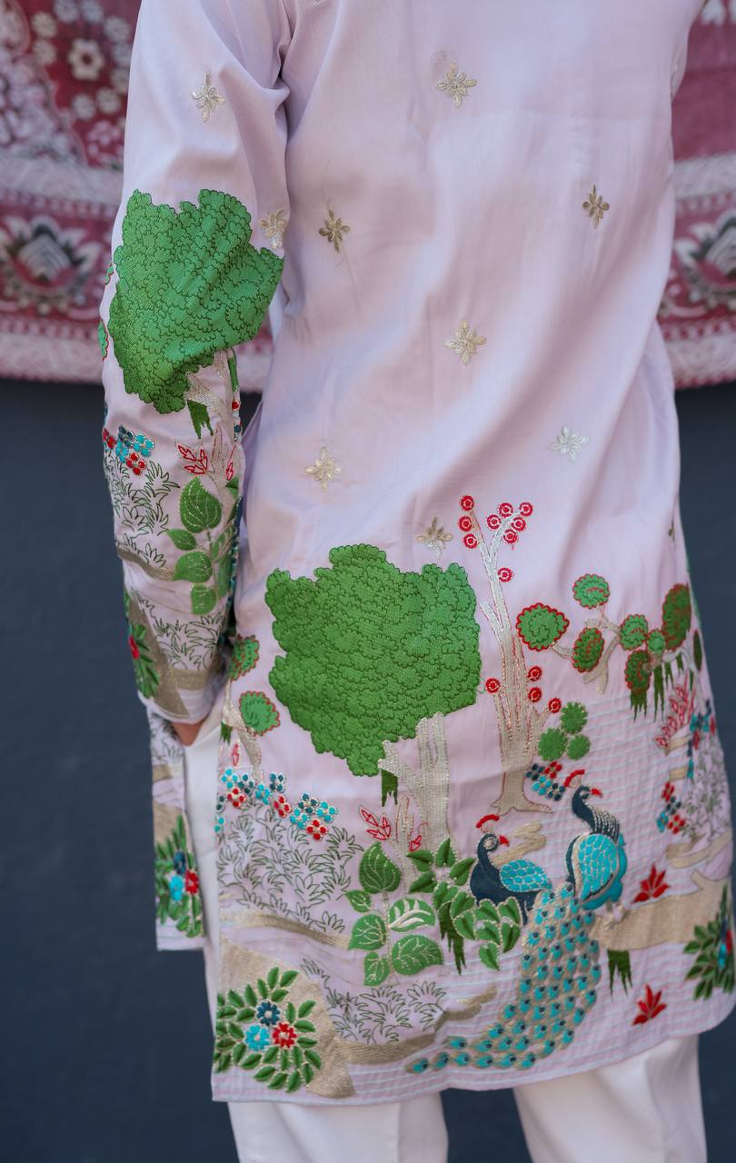 LIGHT PURPLE HEAVY PEACOCK EMBROIDERED KURTA WITH PAJAMA - Image 7