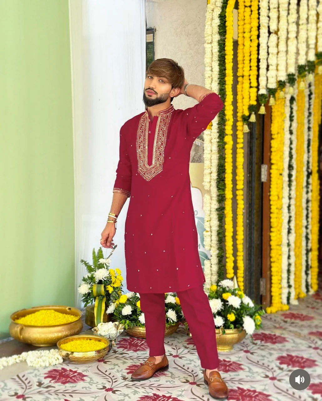 MARRON NECK SEQUENCE EMBROIDERED WORK KURTA PAJAMA SET FOR MEN'S - Image 5