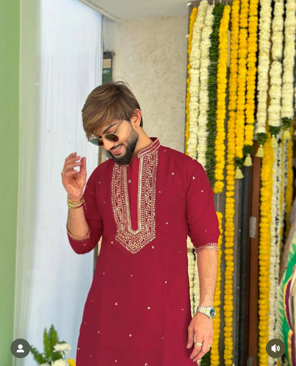 MARRON NECK SEQUENCE EMBROIDERED WORK KURTA PAJAMA SET FOR MEN'S - Image 6