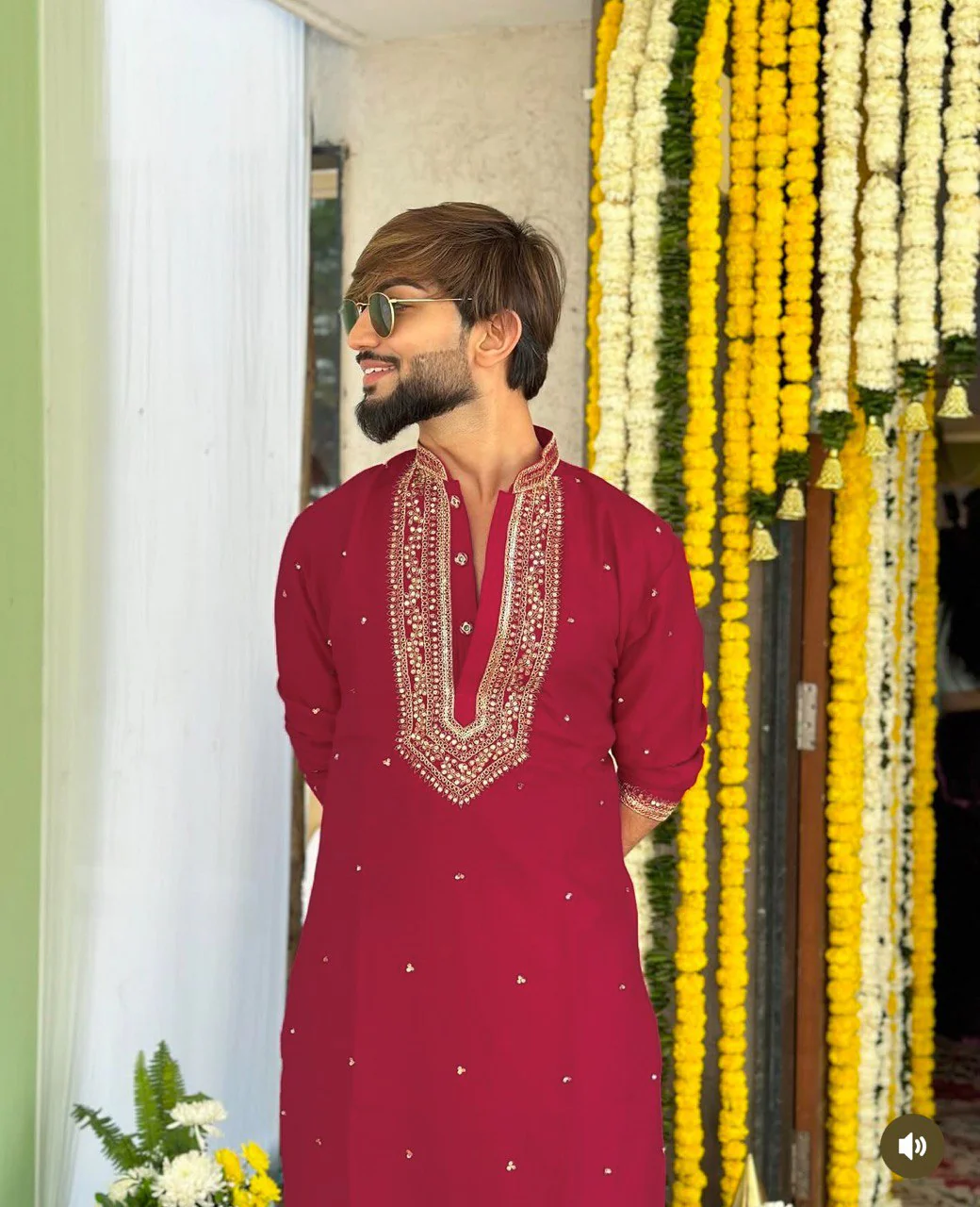 MARRON NECK SEQUENCE EMBROIDERED WORK KURTA PAJAMA SET FOR MEN'S - Image 7