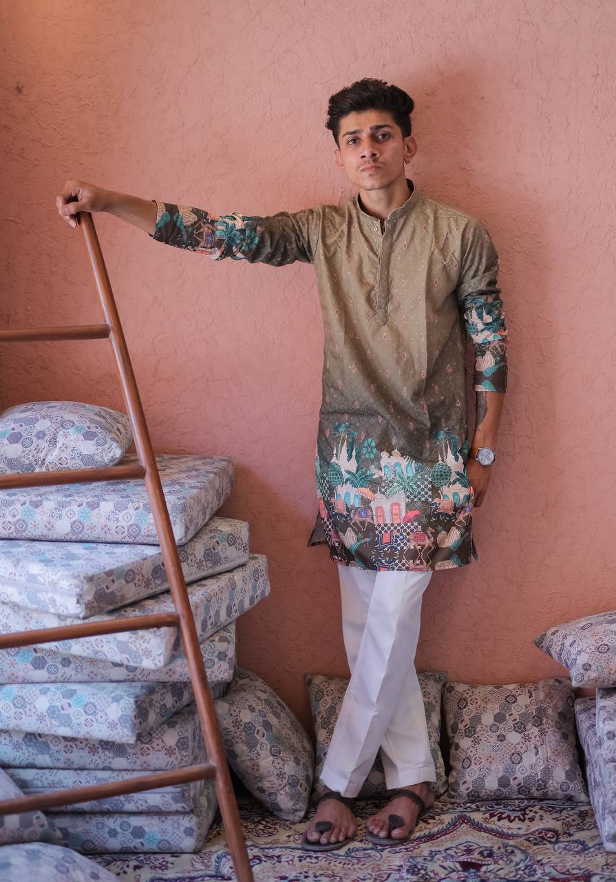 MEHNDI LIGHT DARK SCHIFFLI MAHEL PRINTRD KURTA WITH PAJAMA - Image 3