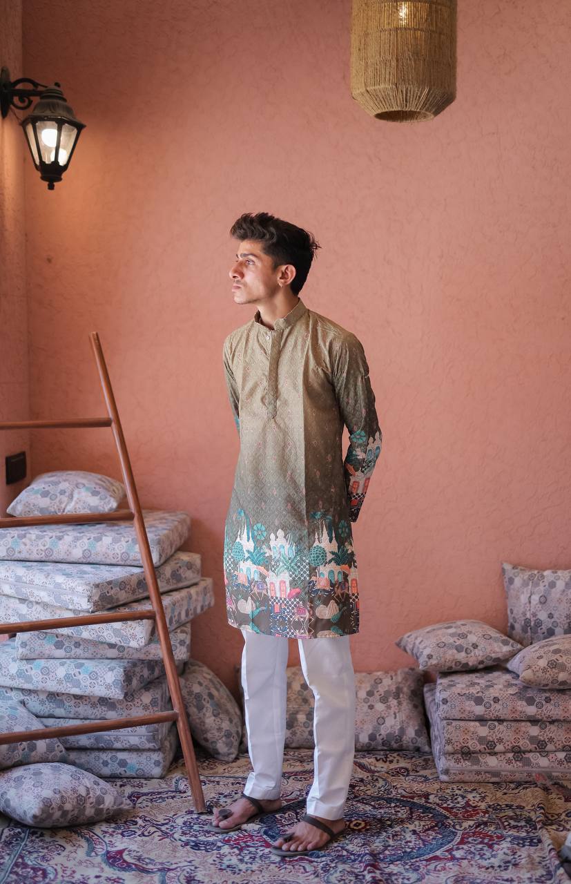 MEHNDI LIGHT DARK SCHIFFLI MAHEL PRINTRD KURTA WITH PAJAMA - Image 5