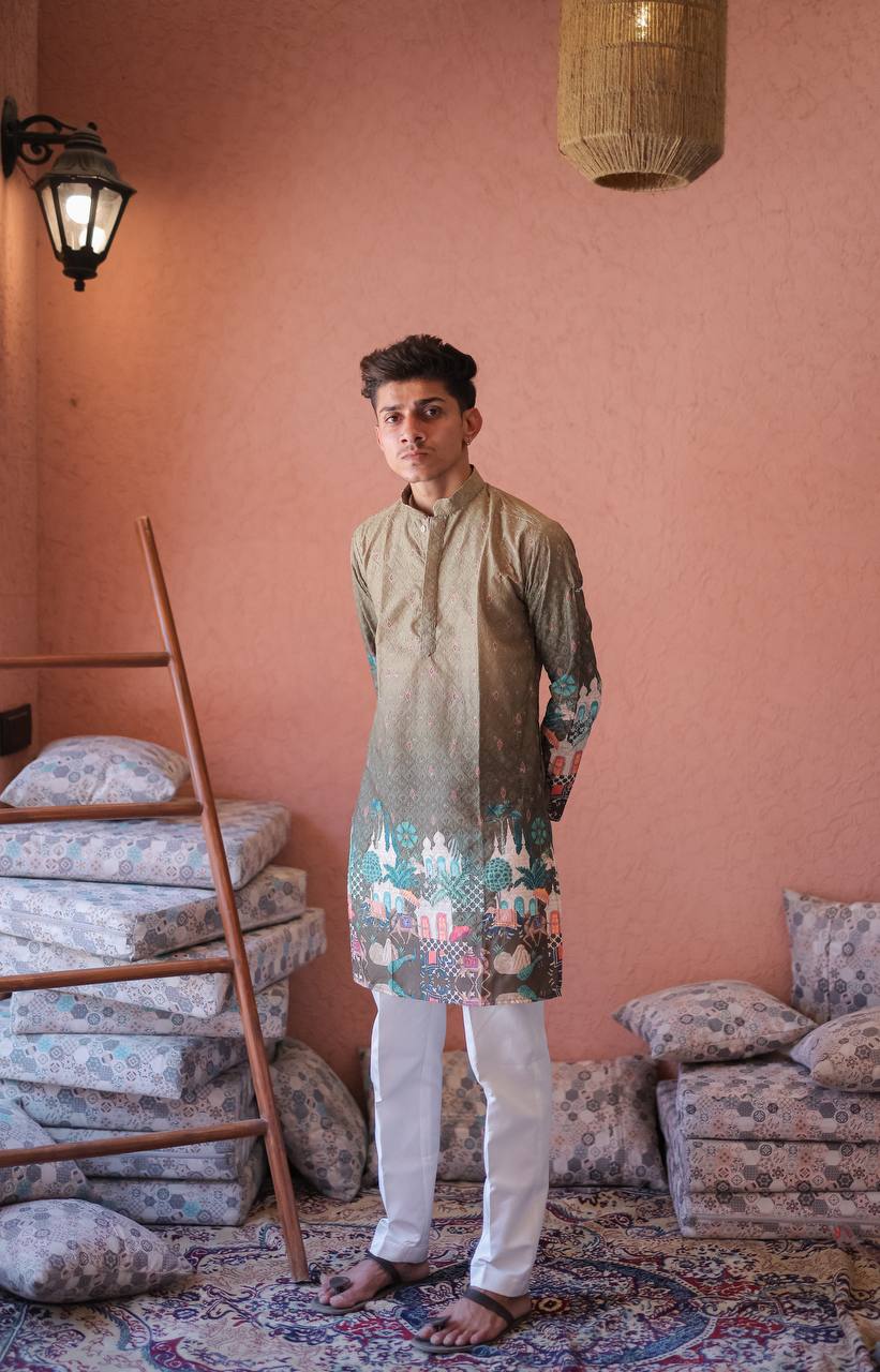 MEHNDI LIGHT DARK SCHIFFLI MAHEL PRINTRD KURTA WITH PAJAMA - Image 6