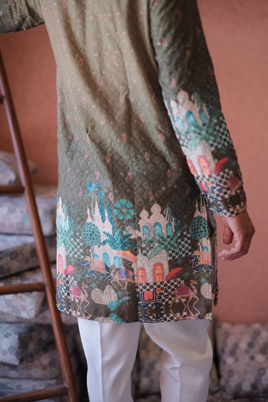 MEHNDI LIGHT DARK SCHIFFLI MAHEL PRINTRD KURTA WITH PAJAMA - Image 7