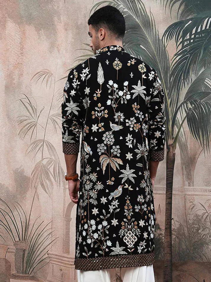 MEN'S EMBROIDERED BLACK KURTA PANT SET - Image 3