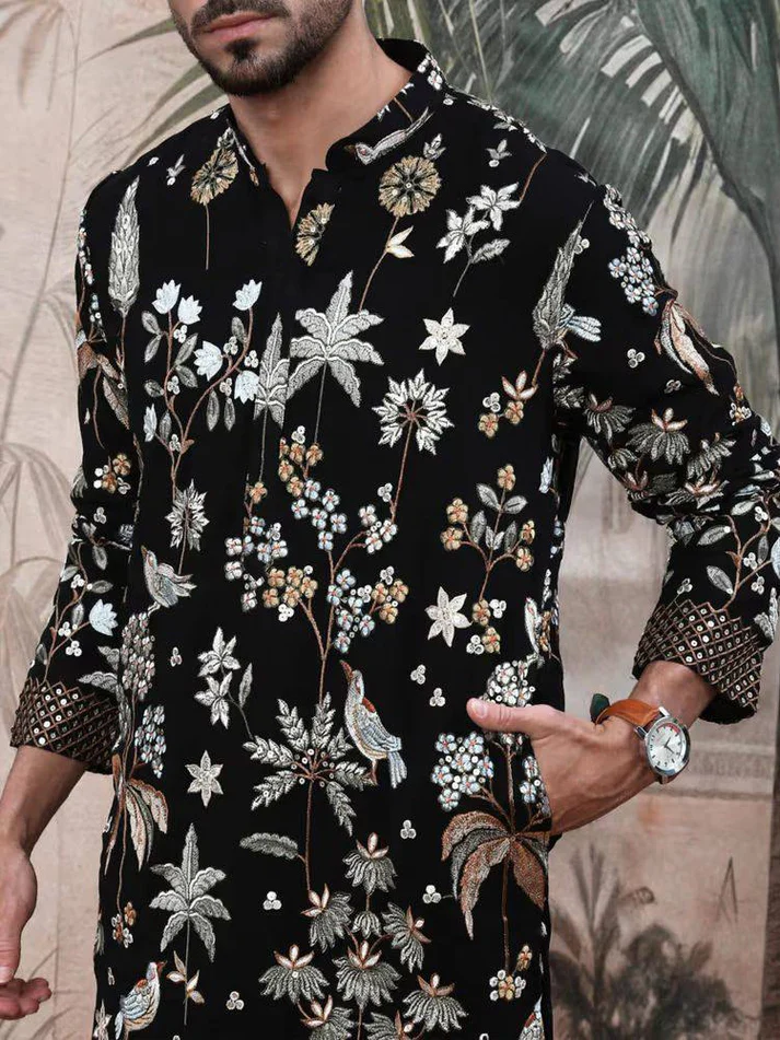 MEN'S EMBROIDERED BLACK KURTA PANT SET - Image 4