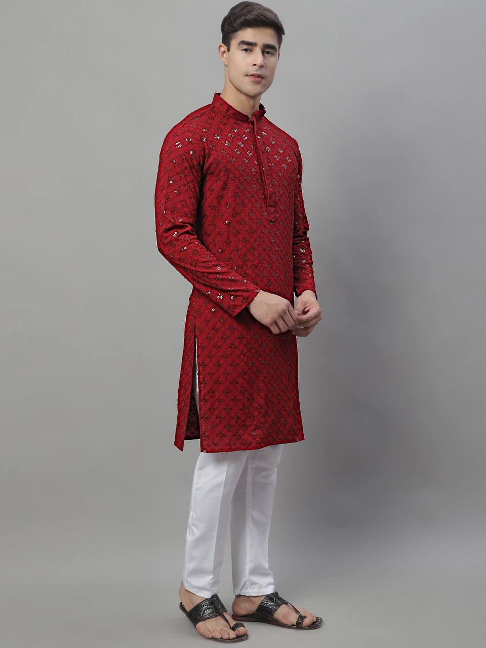The Red Schiffli Embroidered Work Men's Kurta with Pajama - Image 3