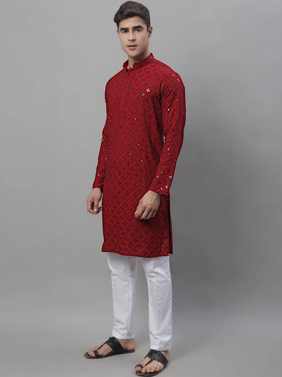 The Red Schiffli Embroidered Work Men's Kurta with Pajama - Image 4