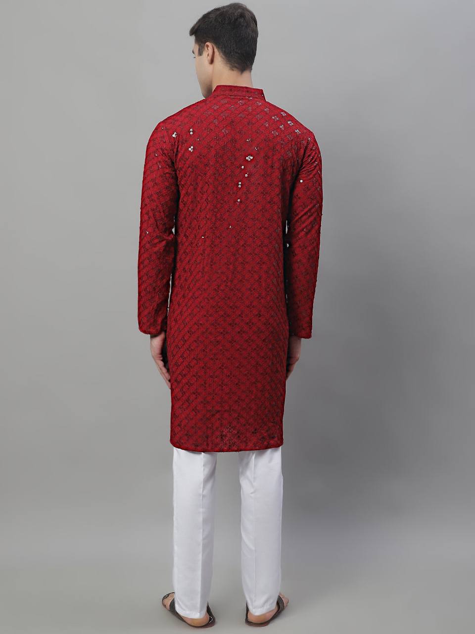 The Red Schiffli Embroidered Work Men's Kurta with Pajama - Image 5