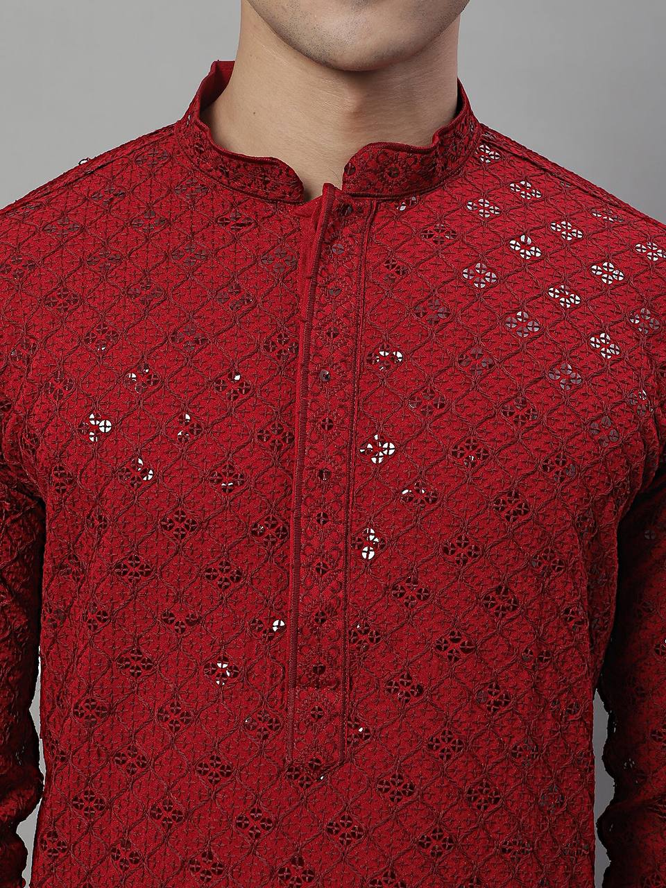 The Red Schiffli Embroidered Work Men's Kurta with Pajama - Image 6