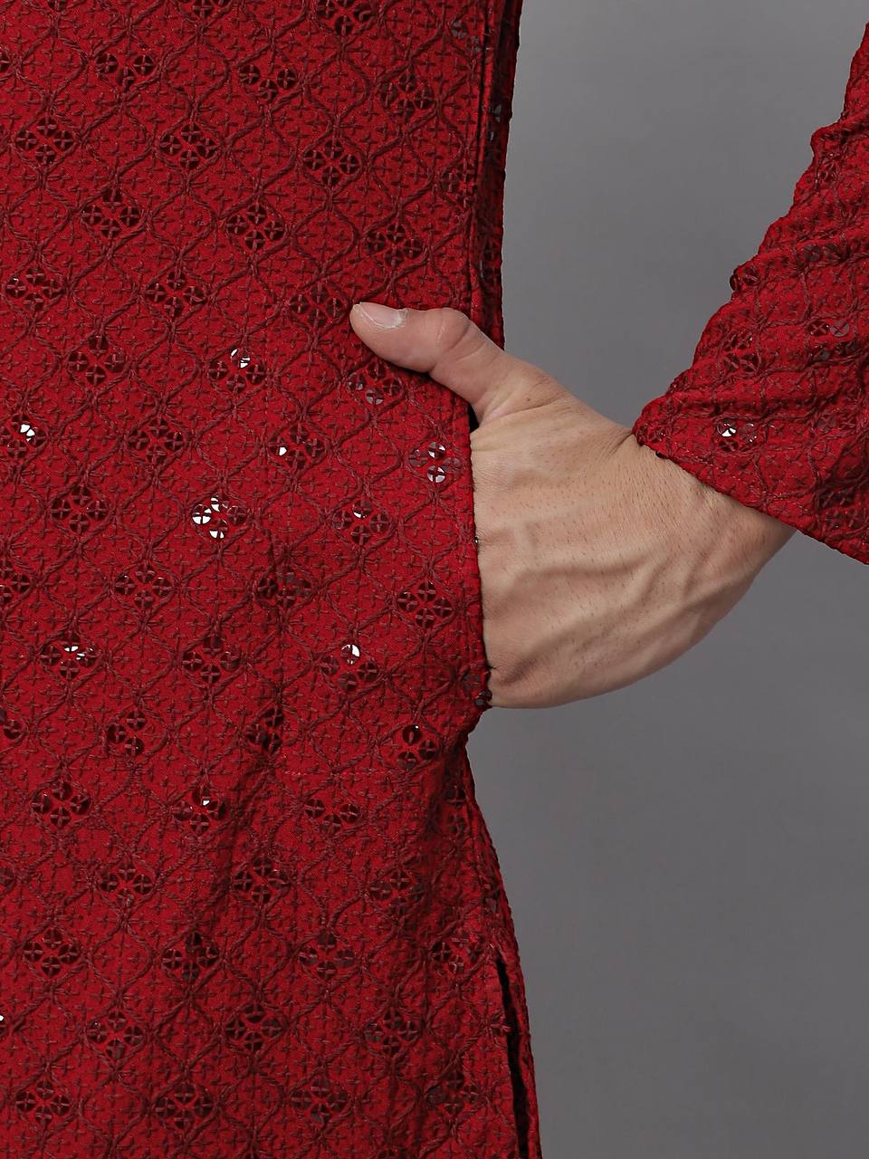 The Red Schiffli Embroidered Work Men's Kurta with Pajama - Image 7