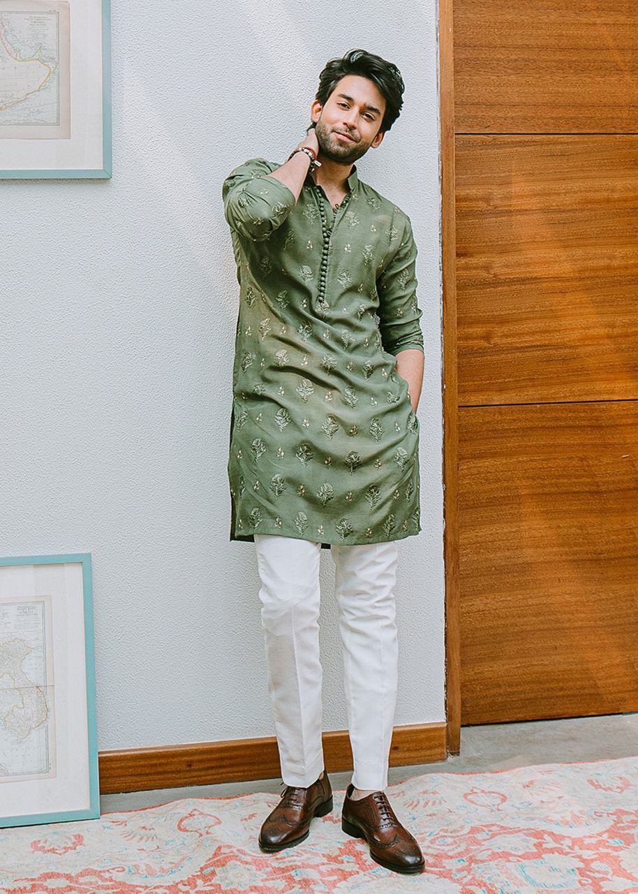 Mint Green Cl Embroidered Work Men's Kurta with Pajama - Image 3