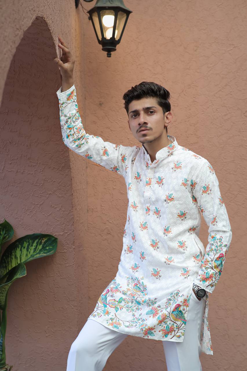 OFF WHITE BIREDS SCHIFFLI DAMAN PRINTRD KURTA WITH PAJAMA - Image 3