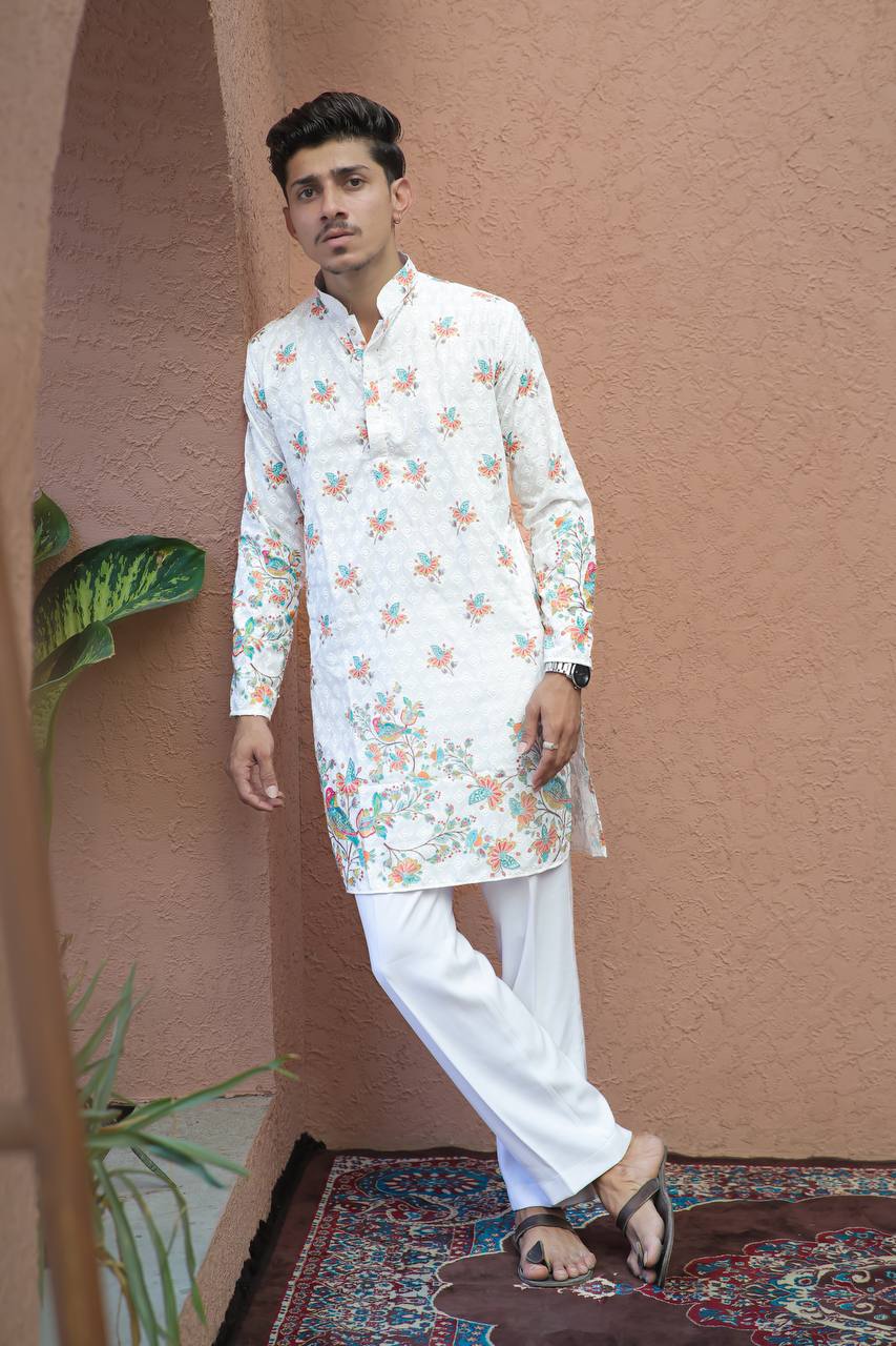 OFF WHITE BIREDS SCHIFFLI DAMAN PRINTRD KURTA WITH PAJAMA - Image 4