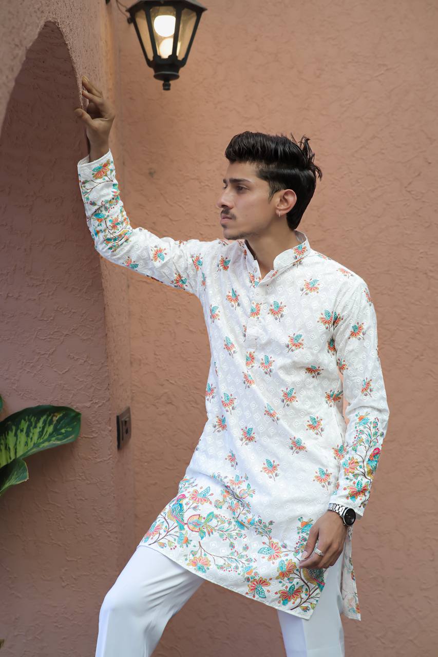 OFF WHITE BIREDS SCHIFFLI DAMAN PRINTRD KURTA WITH PAJAMA - Image 5