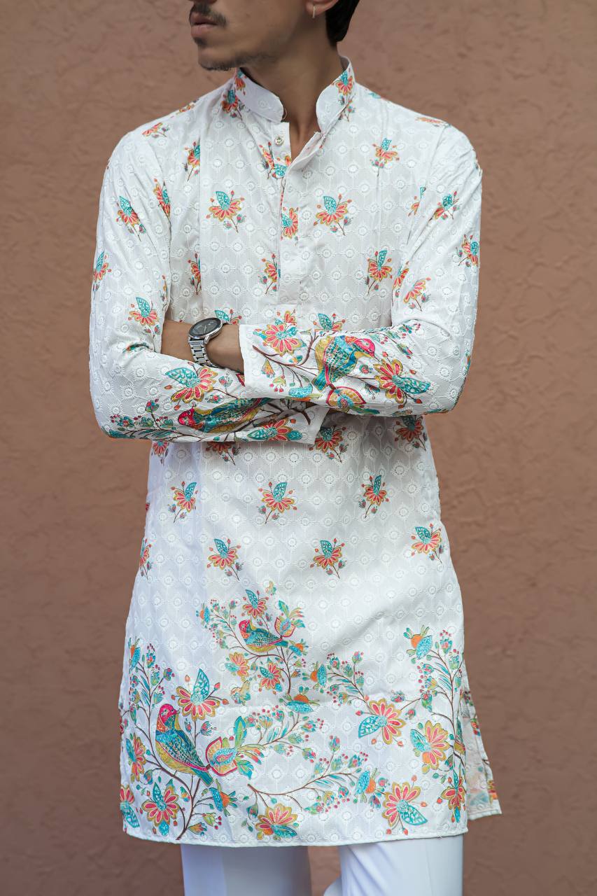 OFF WHITE BIREDS SCHIFFLI DAMAN PRINTRD KURTA WITH PAJAMA - Image 6