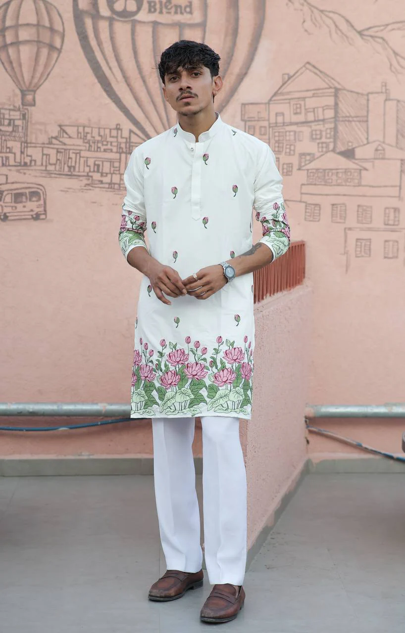 OFF WHITE LOTUS HEAVY FLORAL EMBROIDERED KURTA WITH PAJAMA - Image 2
