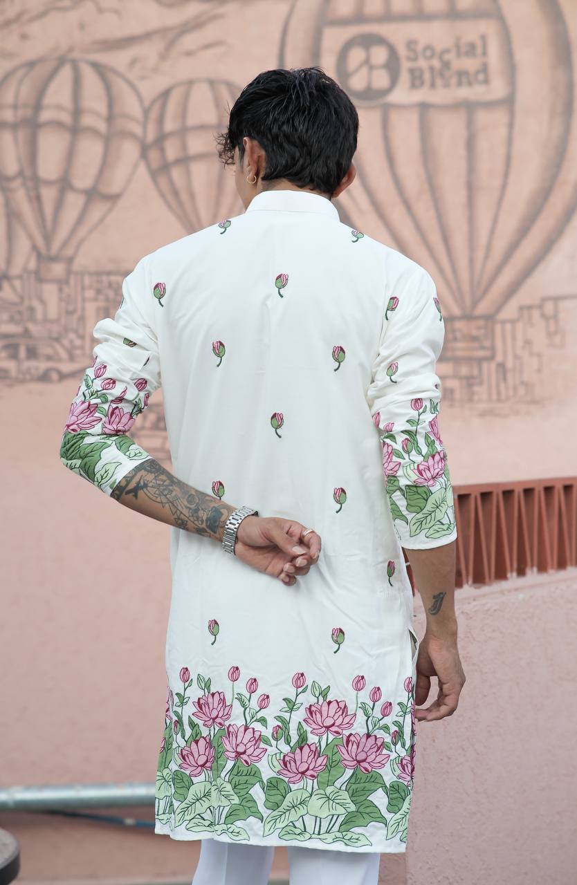 OFF WHITE LOTUS HEAVY FLORAL EMBROIDERED KURTA WITH PAJAMA - Image 4