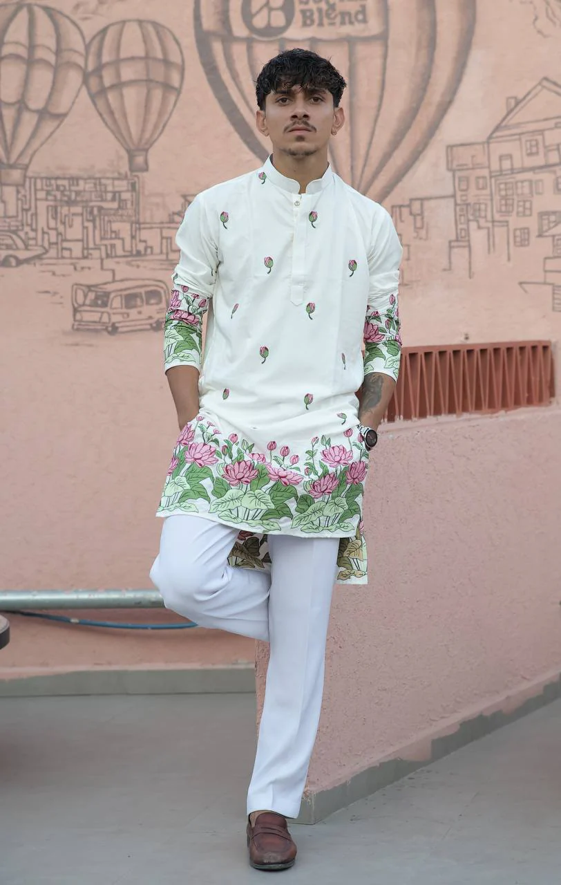 OFF WHITE LOTUS HEAVY FLORAL EMBROIDERED KURTA WITH PAJAMA - Image 6