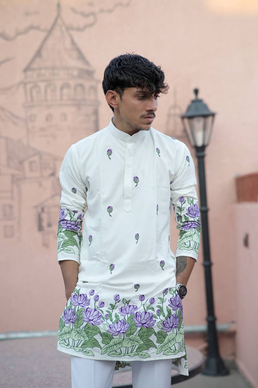 OFF WHITE PURPLE LOTUS HEAVY FLORAL EMBROIDERED KURTA WITH PAJAMA - Image 2