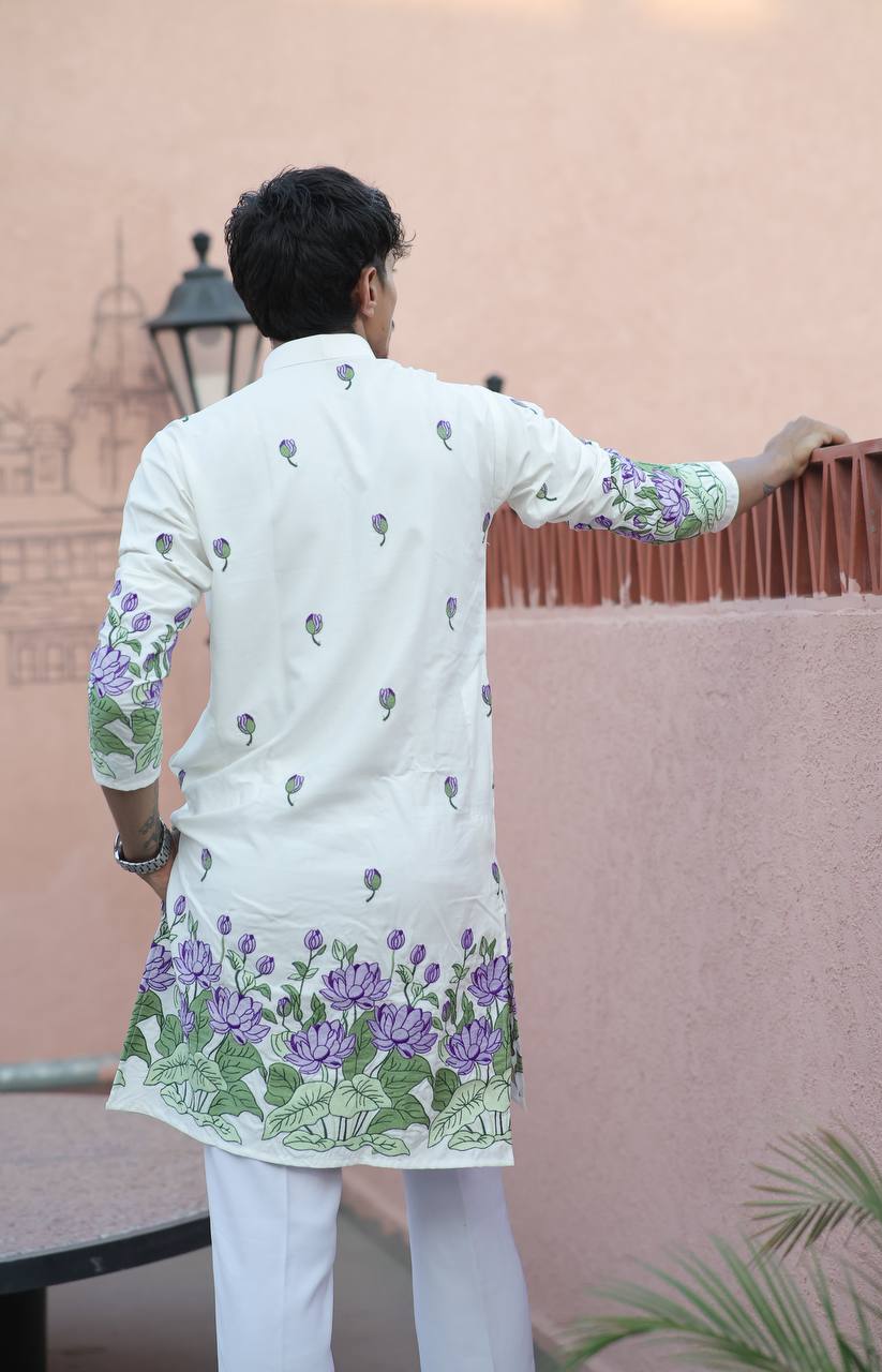 OFF WHITE PURPLE LOTUS HEAVY FLORAL EMBROIDERED KURTA WITH PAJAMA - Image 3