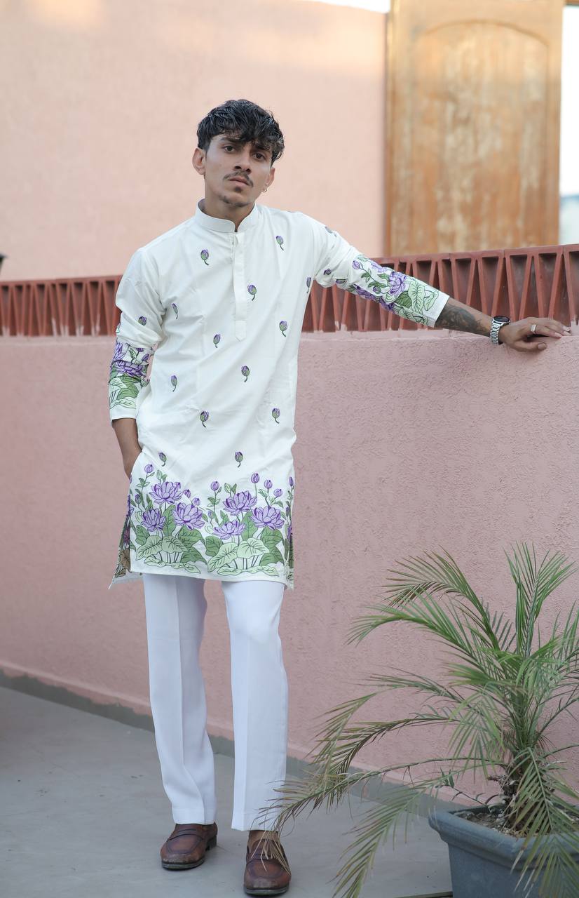 OFF WHITE PURPLE LOTUS HEAVY FLORAL EMBROIDERED KURTA WITH PAJAMA - Image 4