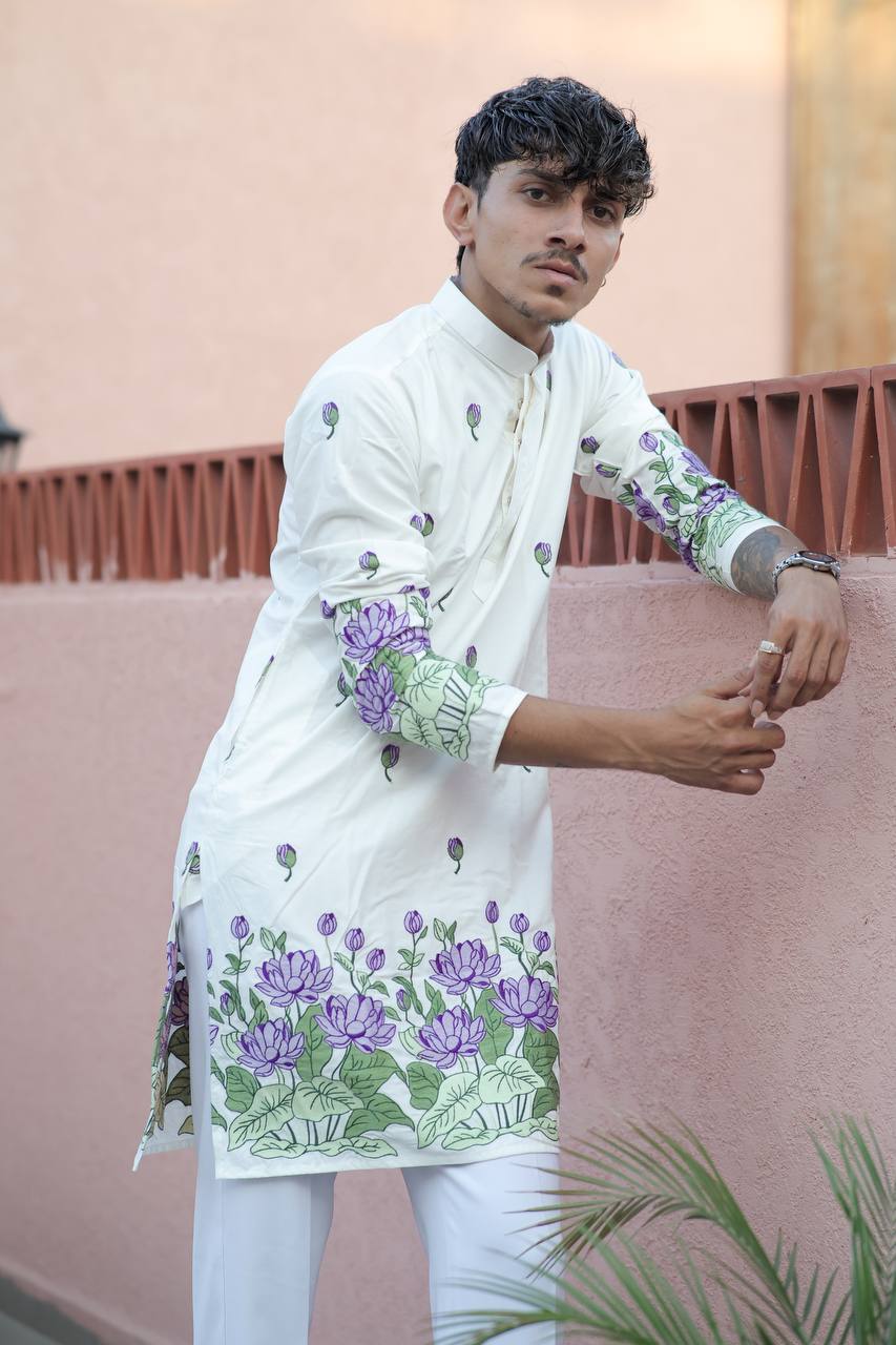 OFF WHITE PURPLE LOTUS HEAVY FLORAL EMBROIDERED KURTA WITH PAJAMA - Image 5