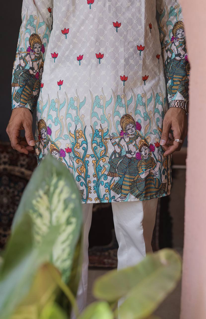 OFF WHITH SCHIFFLI RADHA KRISHNA PRINTRD KURTA WITH PAJAMA - Image 3
