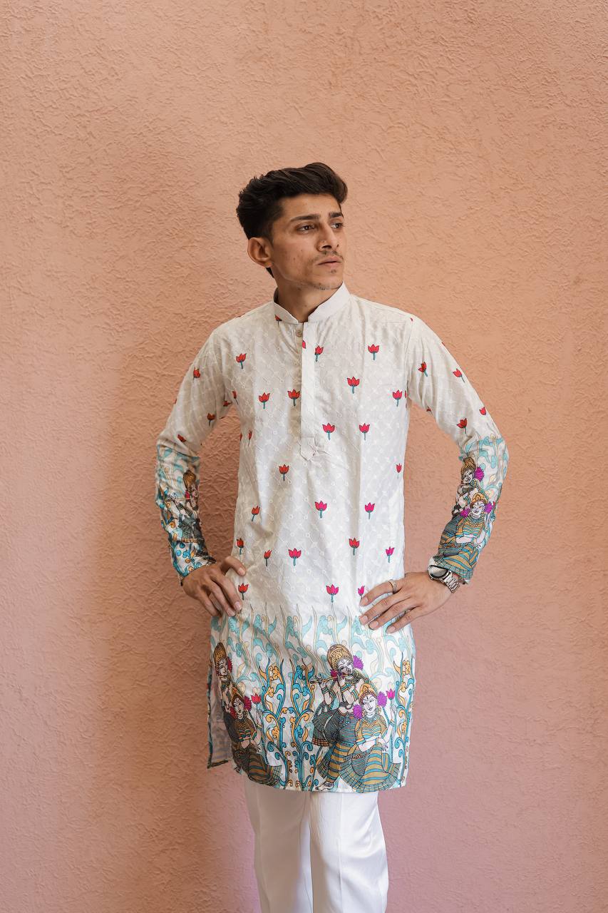OFF WHITH SCHIFFLI RADHA KRISHNA PRINTRD KURTA WITH PAJAMA - Image 4