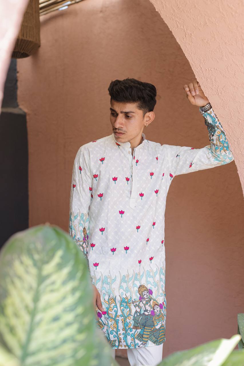 OFF WHITH SCHIFFLI RADHA KRISHNA PRINTRD KURTA WITH PAJAMA - Image 5