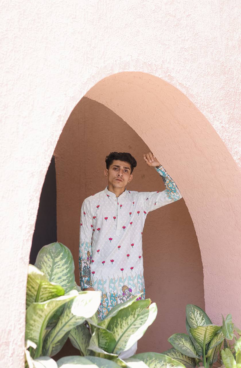 OFF WHITH SCHIFFLI RADHA KRISHNA PRINTRD KURTA WITH PAJAMA - Image 6