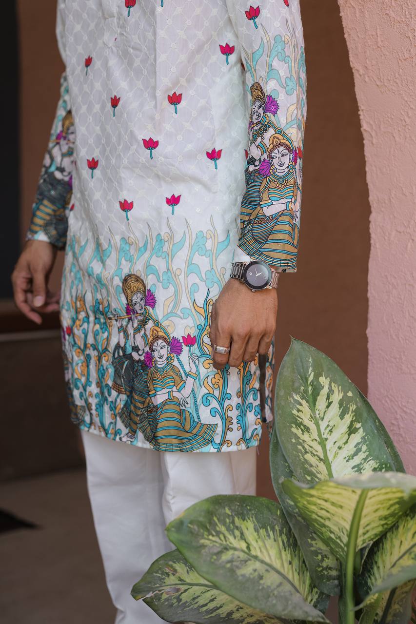 OFF WHITH SCHIFFLI RADHA KRISHNA PRINTRD KURTA WITH PAJAMA - Image 7