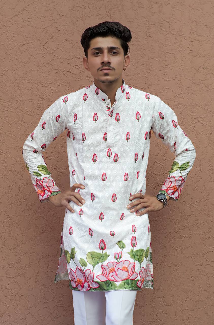 PINK LOTUS SCHIFFLI DAMAN PRINTRD KURTA WITH PAJAMA - Image 2