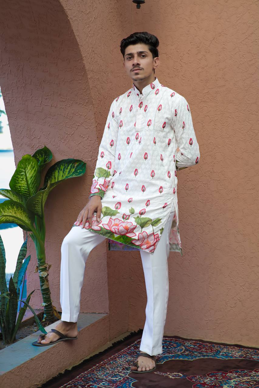 PINK LOTUS SCHIFFLI DAMAN PRINTRD KURTA WITH PAJAMA - Image 3