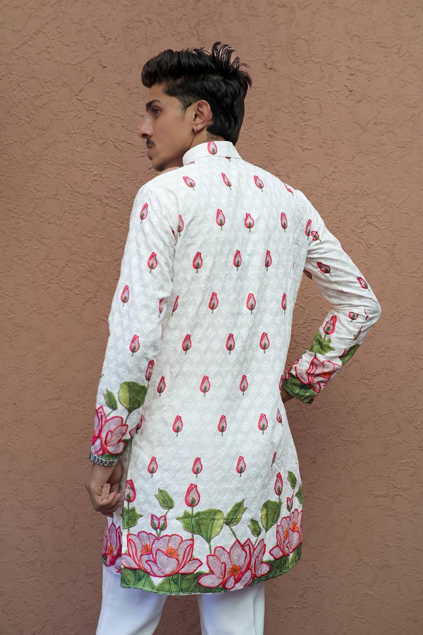 PINK LOTUS SCHIFFLI DAMAN PRINTRD KURTA WITH PAJAMA - Image 4
