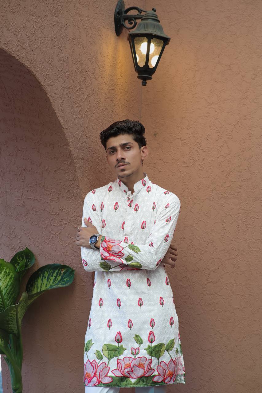 PINK LOTUS SCHIFFLI DAMAN PRINTRD KURTA WITH PAJAMA - Image 5
